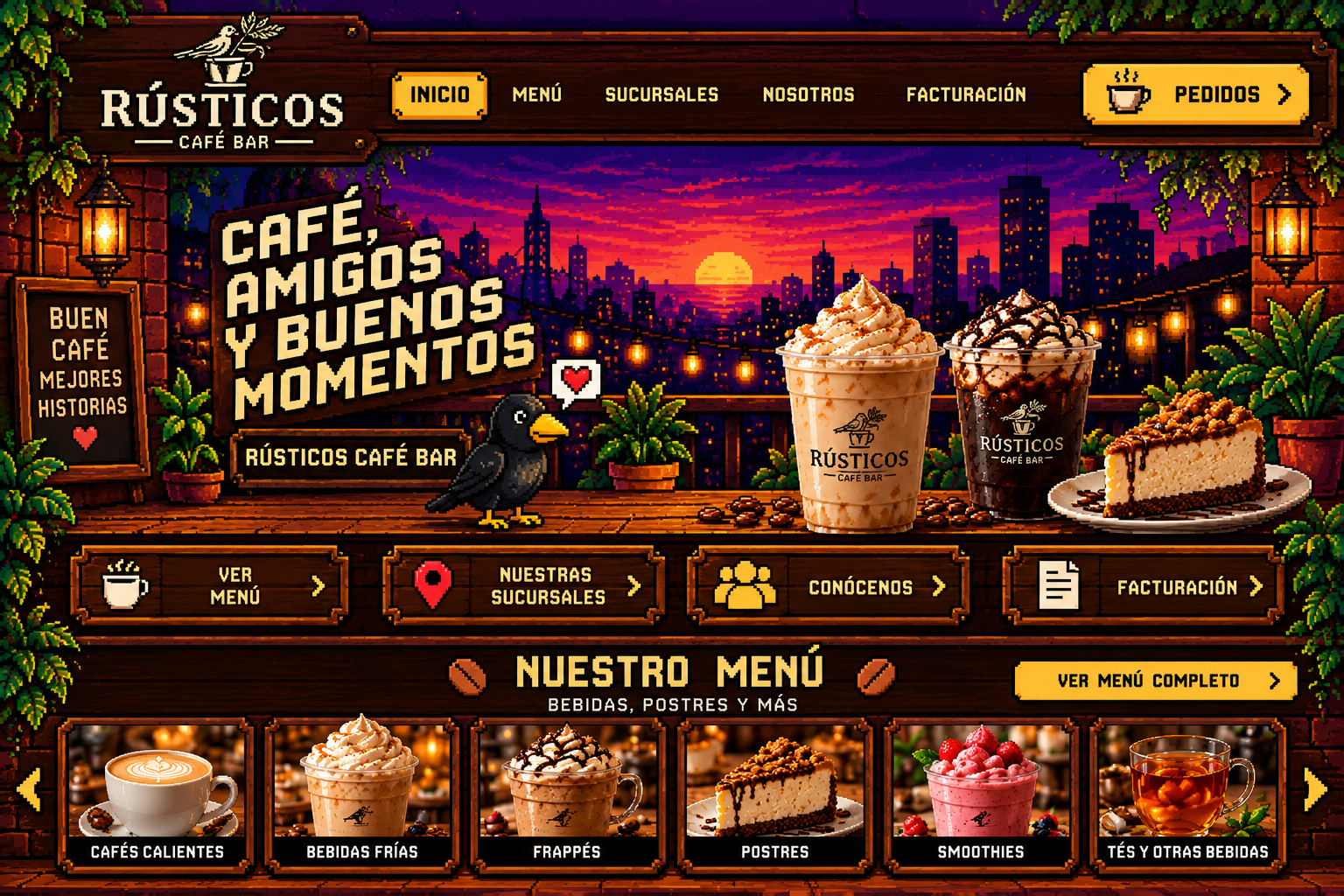 Rústicos Café Bar: portada original aprobada con botones de madera pixelada, atardecer y pájaro negro